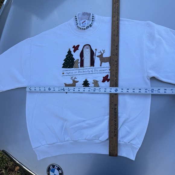 90s Valorie's Folk Art Applique Christmas White Festive Grandma Sweatshirt XL - Picture 8 of 9